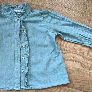 Monoprix kids Bio 100% organic cotton celadon ruffle collar button down sz 3